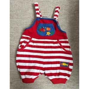 Vintage Baby Romper Overalls 18M Red White Striped Fish Nautical Outfit NWT